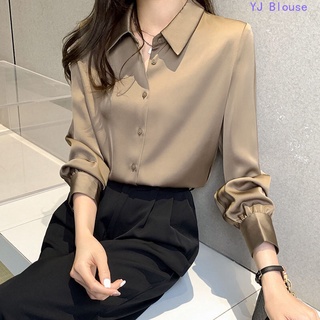 Blusa De Cetim Mais Tamanho Mulher Camisa De Manga Comprida Estilo Coreano Chiffon Profissional V Pescoço Em