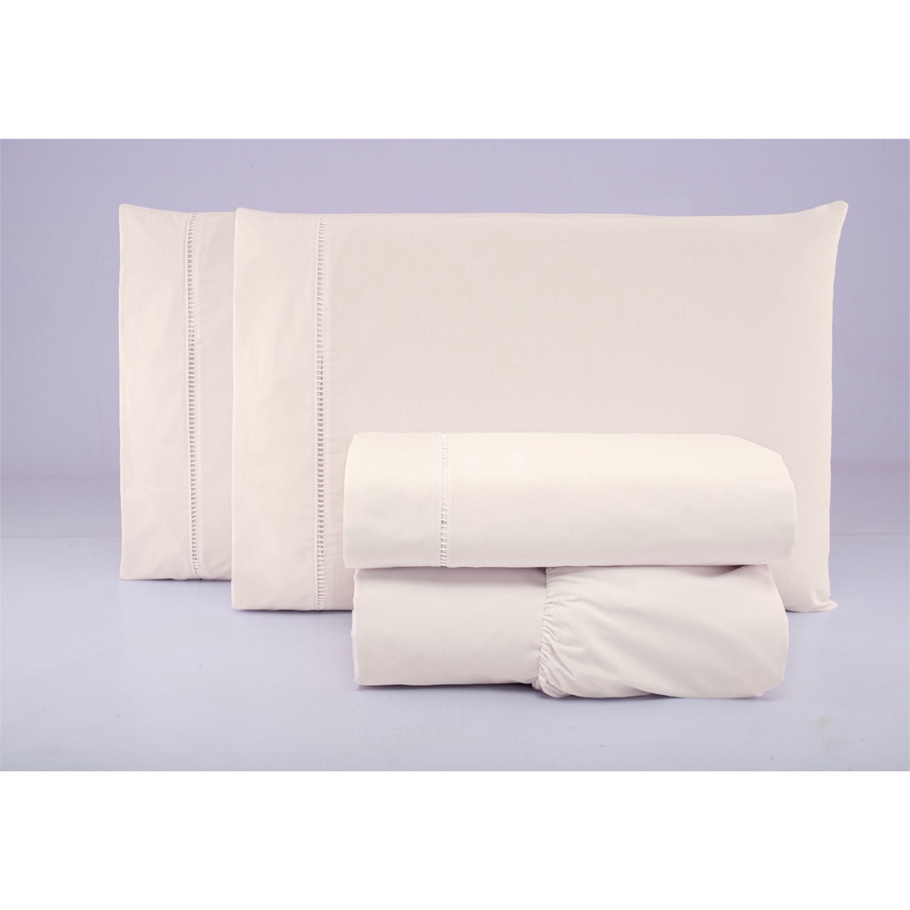 Jogo de Cama Queen 4 peças Cama Box Colchão 30cm de Altura Detalhe Ponto Palito - Tecido Percal 200 Fios 100% Algodão