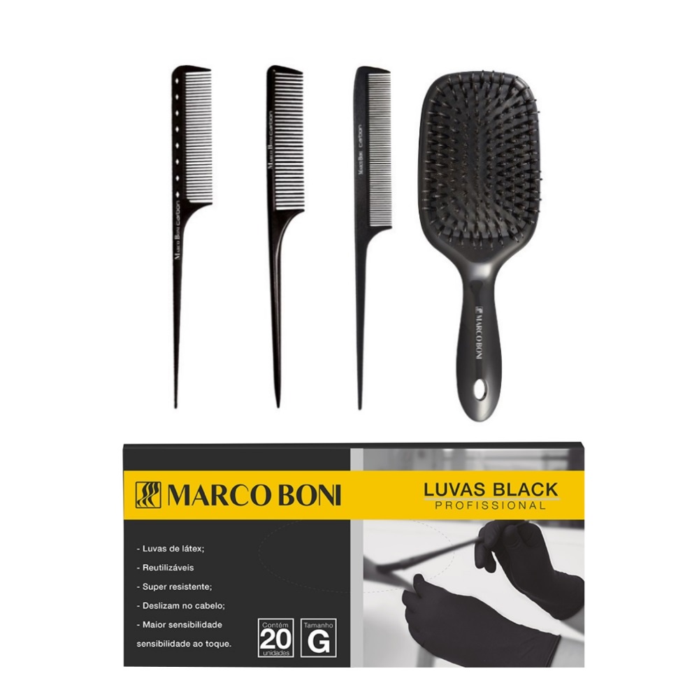 KIT 3 PENTES CARBONO PROFISSIONAIS 01 ESCOVA RAQUETE  20UN LUVA BLACK G MARCO BONI