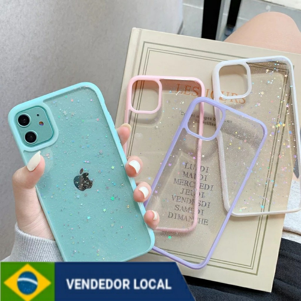 Capinha iPhone 7 8 plus X Xs Xr Se 2020 11 12 Pro Max Capa com Brilho Glitter Case Transparente Silicone