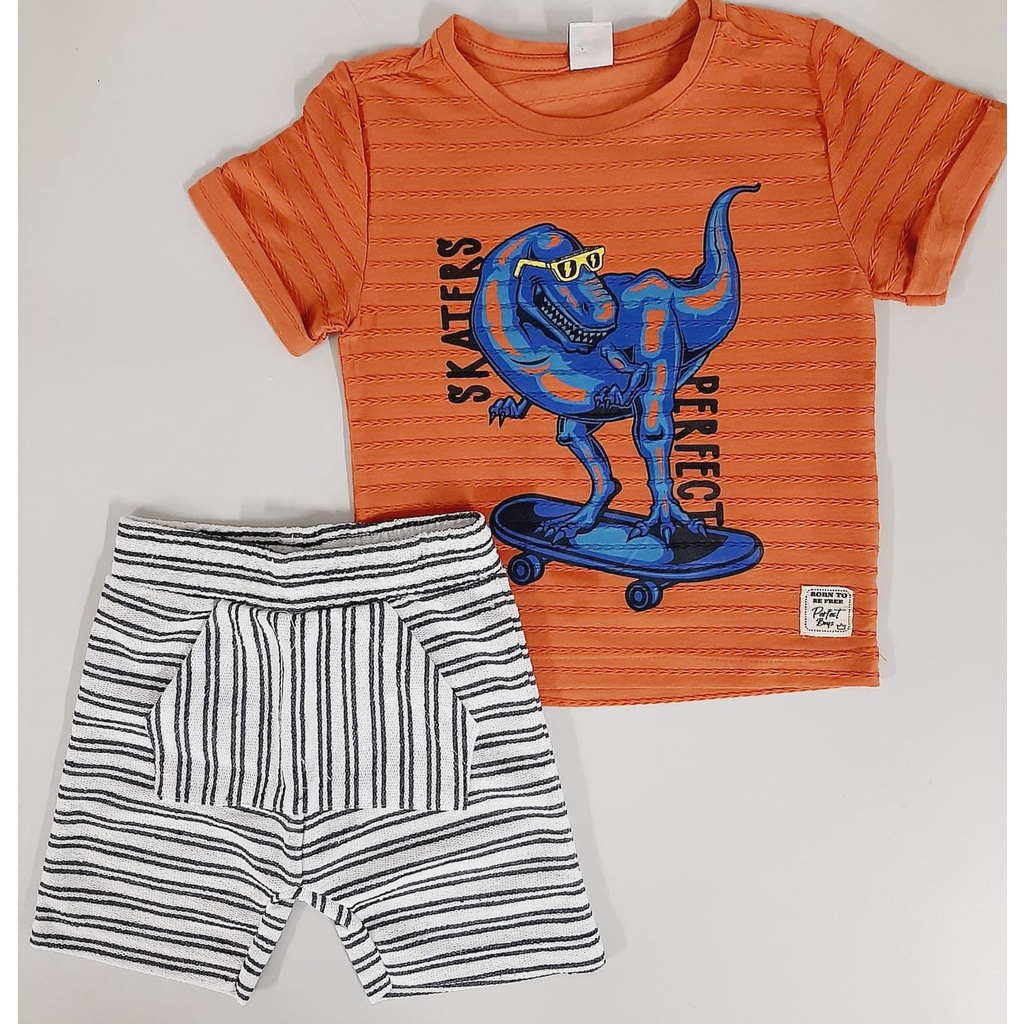 Conjunto  verao 1-2-3 inf. masc. camiseta est, dino e short moletinho eco