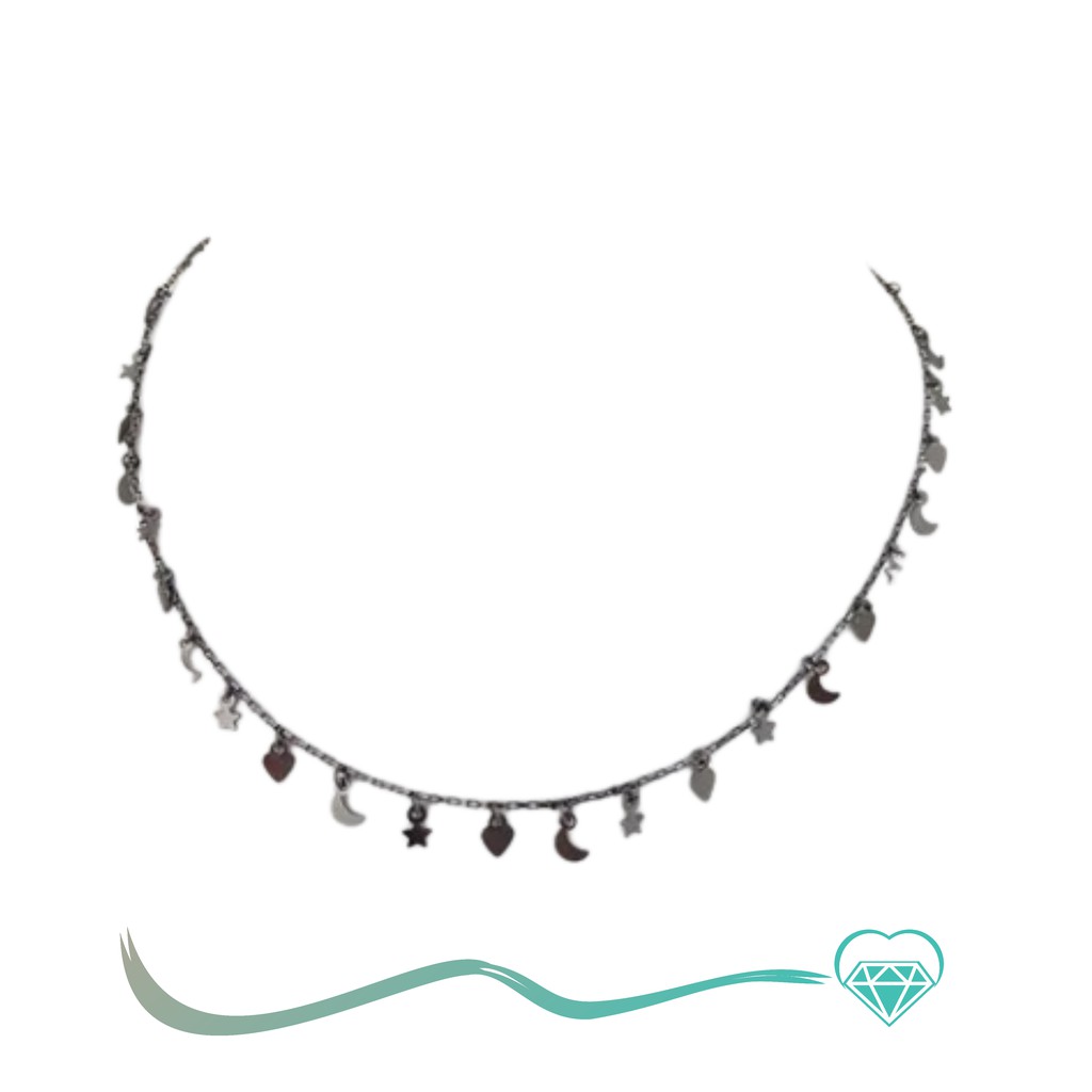 Colar Semijoia Cordão de Ouro Banhado Corrente Não é Bijuteria Colares Femininos Gargantilha Garantia Colar Chocker Estrela, Lua e Coração