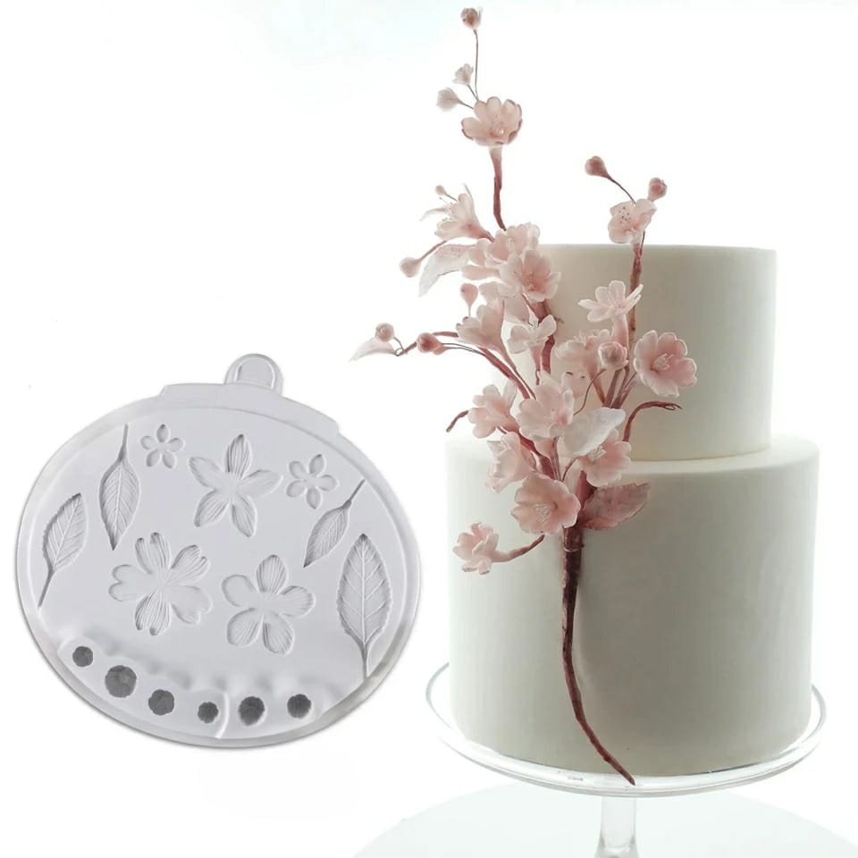 Molde de silicone Flor de Cerejeira e folhas para doces, biscuit, artesanato, festa de aniversário