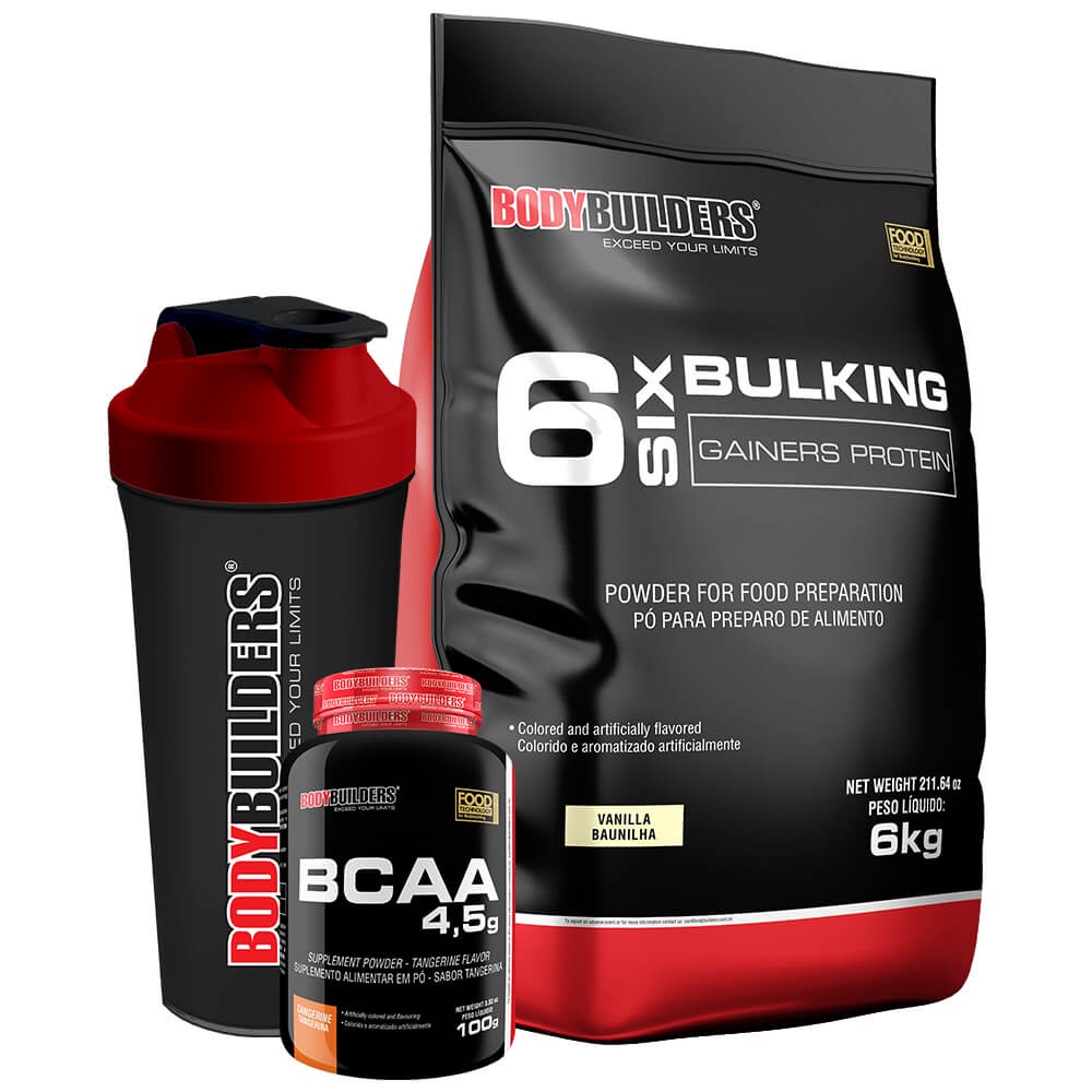 Kit Hipercalórico 6 Six Bulking 6kg + BCAA 4,5 100g Sabor Tangerina + Coqueteleira – Bodybuilders
