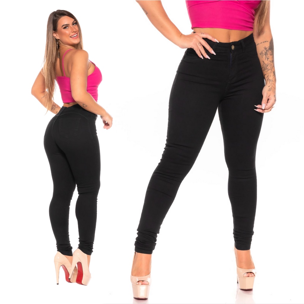 Calça jeans preta feminina super lycra modelo Skinny cintura alta