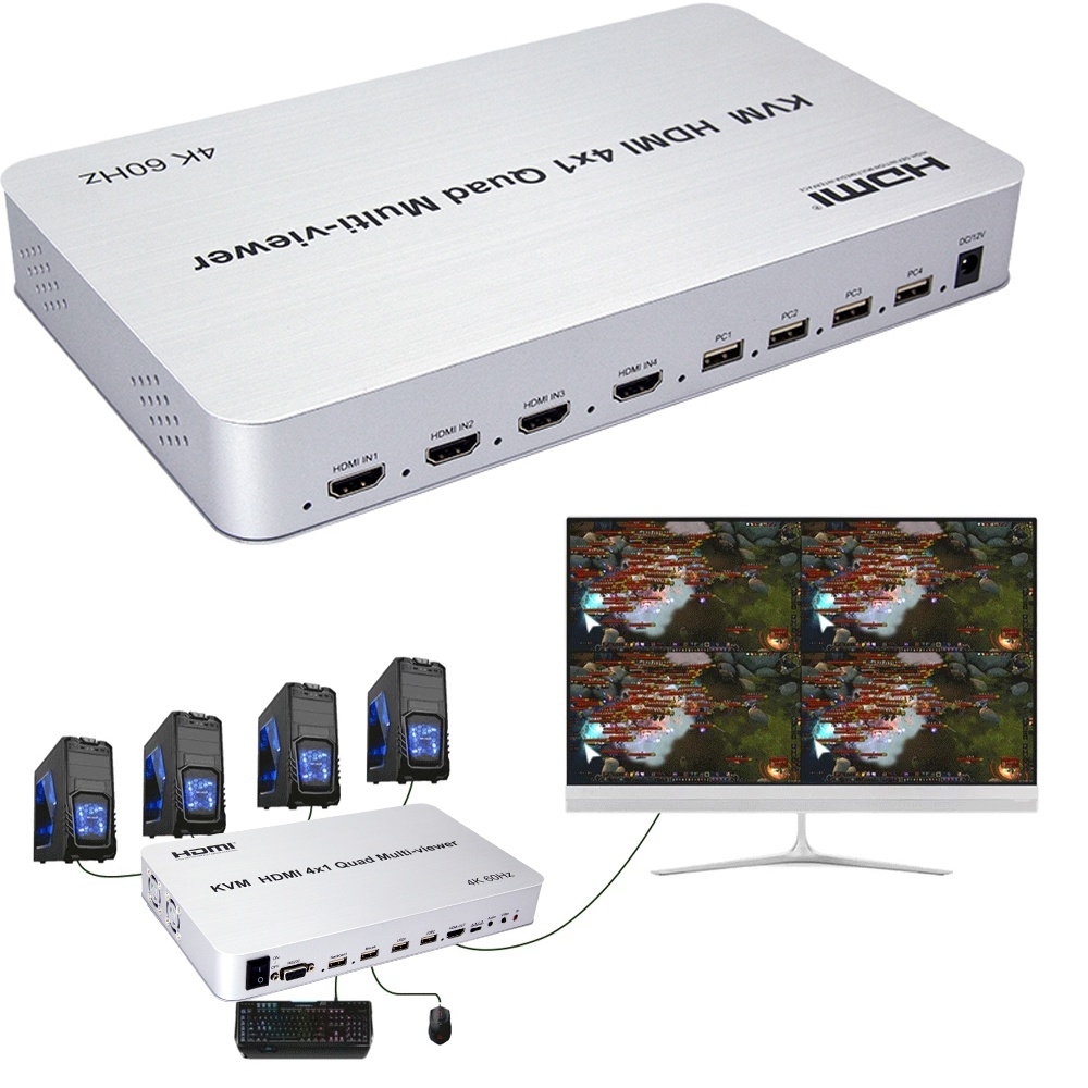 Interruptor KVM HDMI 4x1 4K 60Hz 90 ° 180 Flip RS232 HDMI2.0 4x1 Quad Multi-Visualizador Multiplexador De Vídeo De 4 Can