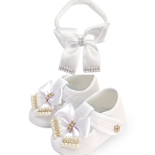 Sapatinho de Bebê + Faixa de Cabelo Kit Branco Laço Duas Pontas - Bebê Recém Nascido em Oferta na Shopee