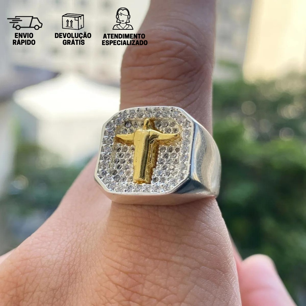 Anel De Prata Masculino 925 Cristo Redentor Zircônia Banhado
