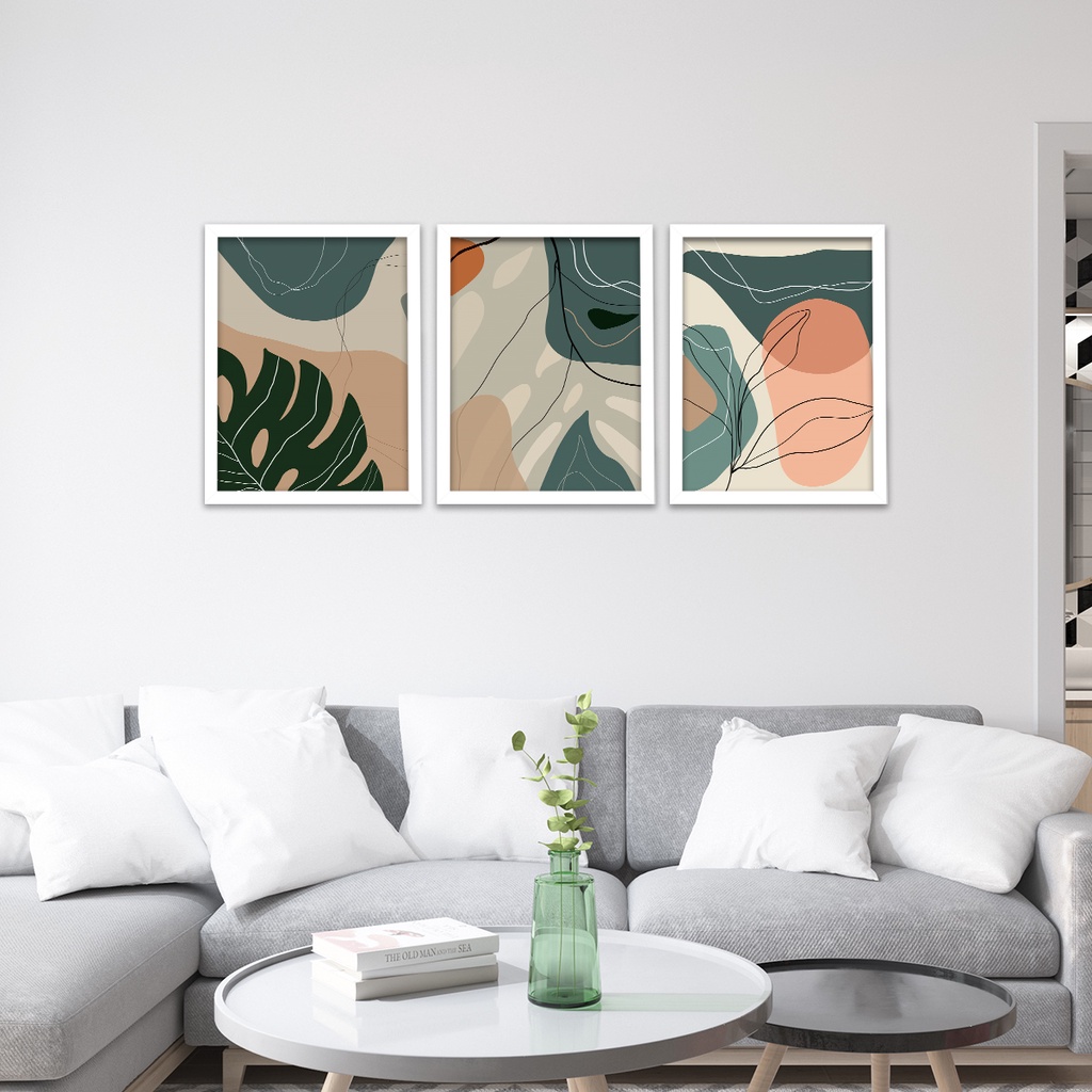 Trio Quadros Para Sala 40x60 cm Grande Com Moldura Folhagem Abstrata Moderno Quarto · foto 2