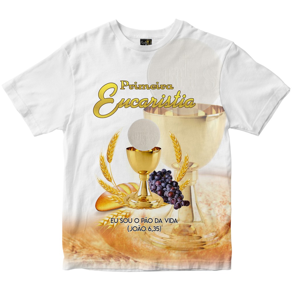 Camiseta Primeira Eucaristia Moldura de Trigo Rainha do Brasil Branca