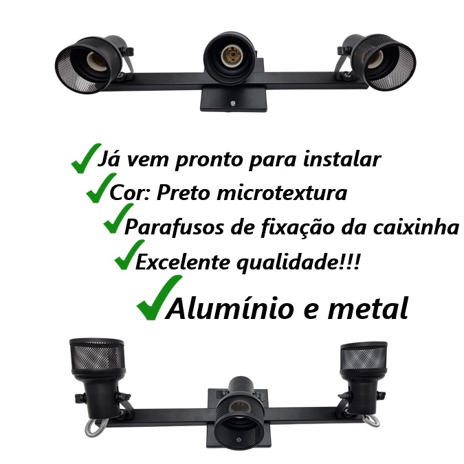 Trilho de Luz Luminária Spot Telinha Preto 50 cm Com 3 Focos Dirigíveis Lâmpada Led/Bulbo/ Alumínio/Metal