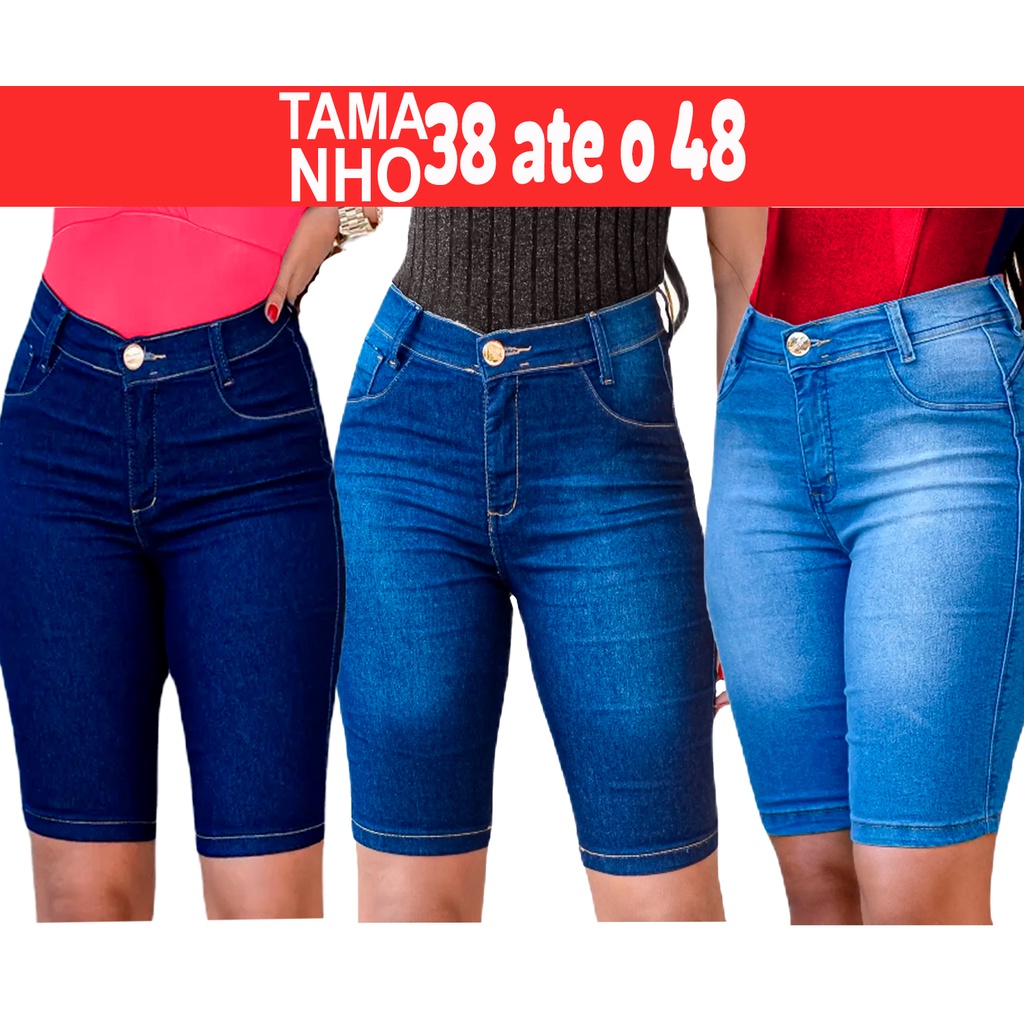 Bermuda Jeans Ciclista Feminina Cintura Alta Lycra Hot Pants Comprida até o Joelho tamanhos 38 ao 48 em Oferta na Shopee
