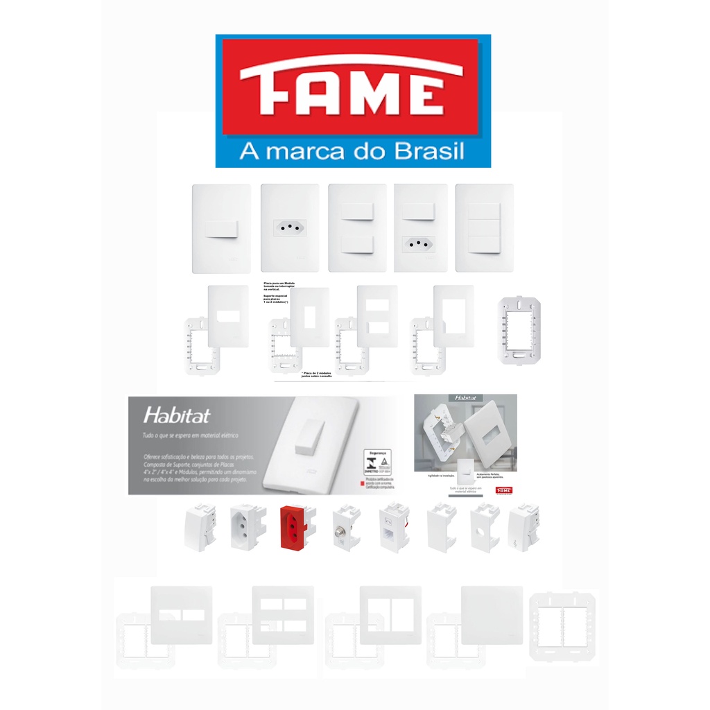 Tomadas 10A placas e interruptores - Fame Linha Habitat - Cor  Branca - Conjunto Tomada 4x2 - 4x4 Simples ou Paralelo