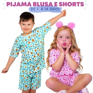 Pijama Infantil Menina Menino de 1 a 14 anos Conjunto Short e Camiseta Bermuda Criança Algodão Verão Calor Masculino Feminino Fresquinho Levinho Roupa de Dormir 200145