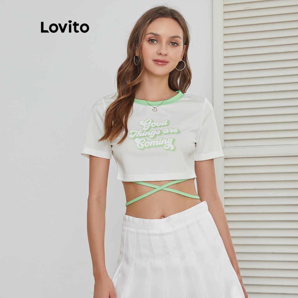 Lovito Camiseta Casual Com Estampa Escrita Gola Contraste De Amarrar