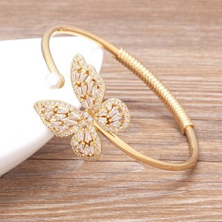 Alta Qualidade Novo Luxo Ouro Cor Borboleta Bracelete Bangle Para Mulheres Aberta Zircônia Ajustável Atacado