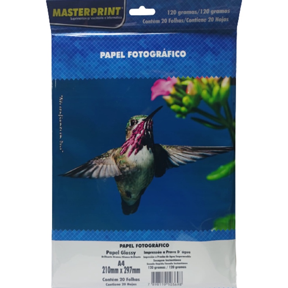 Papel Foto A4 Masterprint 120g Glossy P/ impressora jato de tinta 20 Folhas