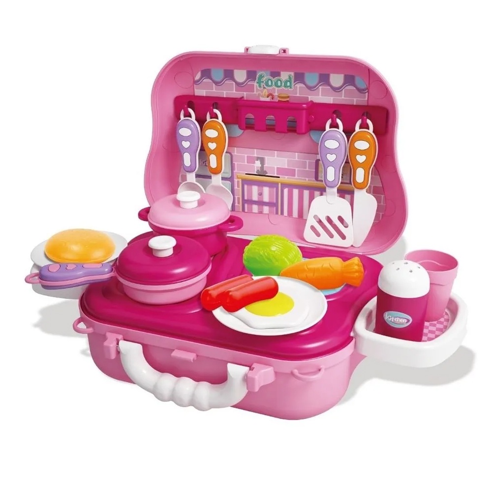 Kit Chef de Cozinha Mini Faz de Conta Brinquedo Infantil Portátil 2 em 1 Talheres Maleta Menina