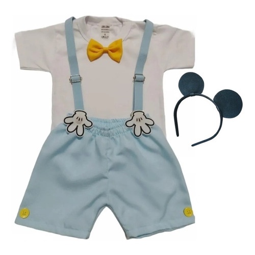 Kit Roupa Bebê Conjunto Mickey Baby Camisa, Shorts, Susp.