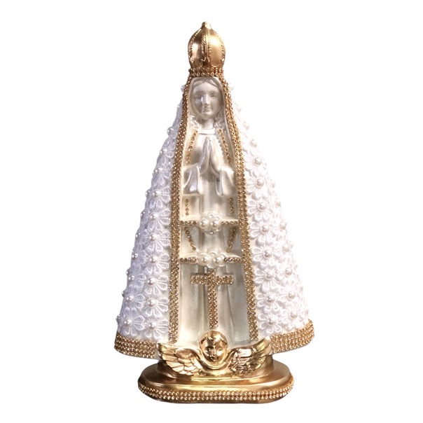 Imagem Nossa Senhora Aparecida 30cm com Renda Guipir Branca, Pérolas e Strass Dourado.