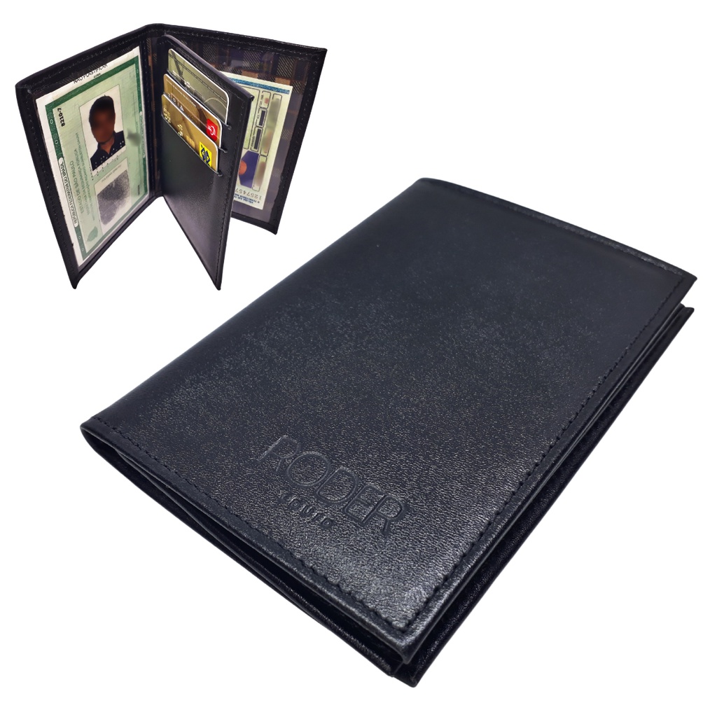 Porta Cartão Carteira Masculina Documento RG CNH Vertical Slim Couro Legítimo Preto/Marron Prática