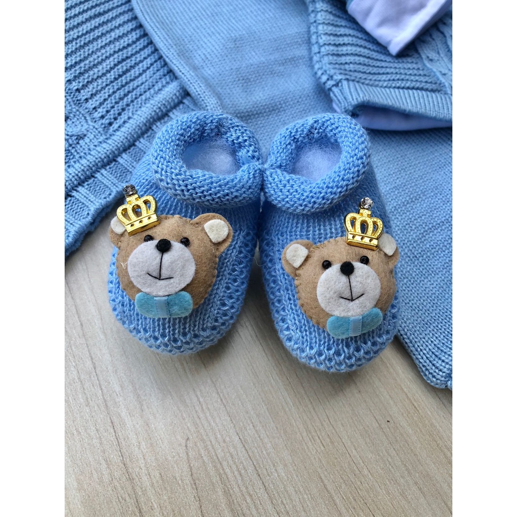 Saída maternidade menino azul bebê tricot 5 peças urso principe.