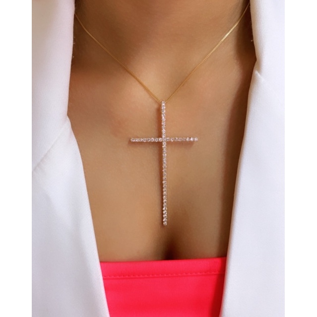 COLAR VENEZIANA CRUCIFIXO CRAVEJADO FOLHEADO A OURO 18k FEMININO