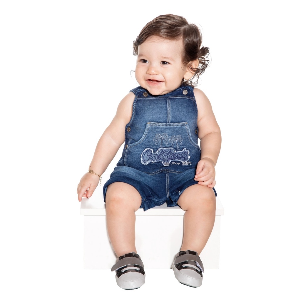 Macacão Jardineira Paraiso Menino Moletom Denim Azul Jeans