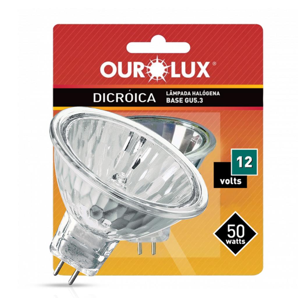 Lâmpada Halógena Dicróica MR16 50W 12V GU5.3 2800K Ourolux | Ideal para Salas, Quartos e Iluminação