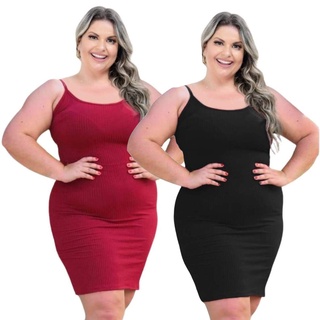 Kit Com 2 Vestidos Plus Size Canelado de Alça Sem Bojo Moda Blogueira Verão