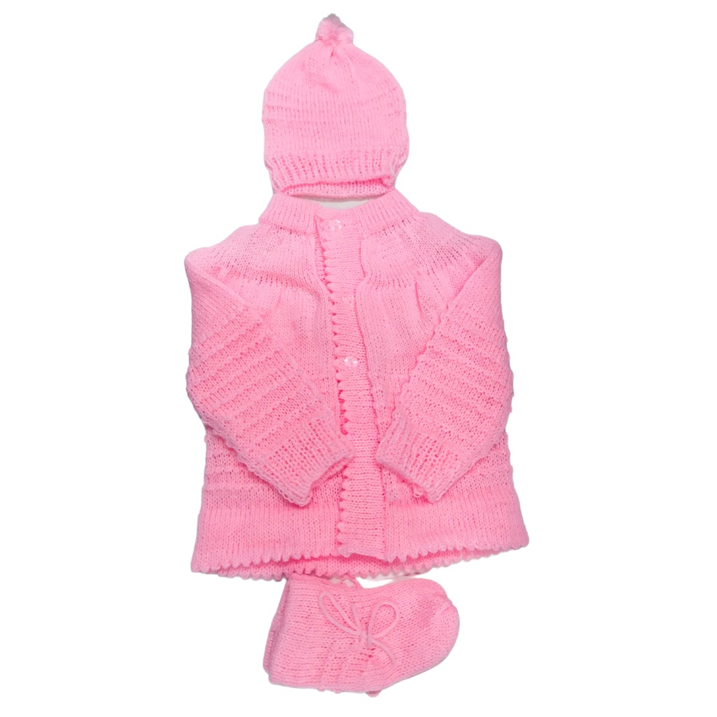 Kit casaquinho bebe tricô lâ vasado touca e sapatinho rosa em Oferta na Shopee