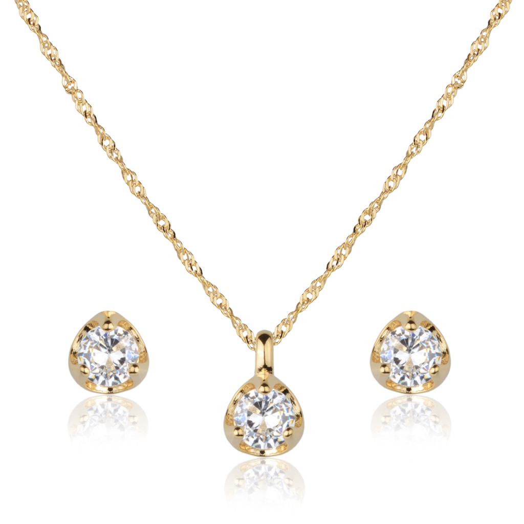 Kit Conjunto de Semijoia Cravejado com Zircônia Redonda Banhado a Ouro 18K Original Presente Moda Aniversário  CJ5983