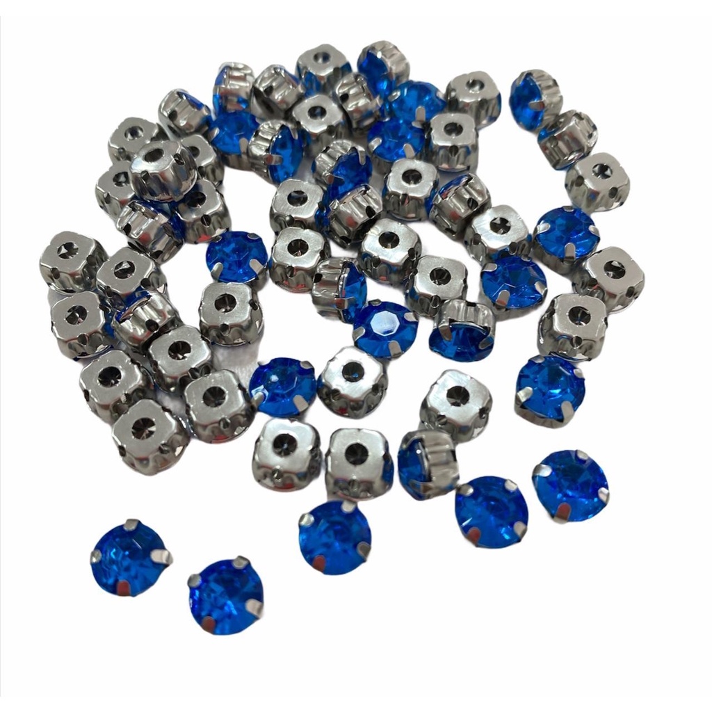 Chatons Engrampados - Redondo Base Prata c/ Chaton Azul Turquesa - 8mm - 20 Und