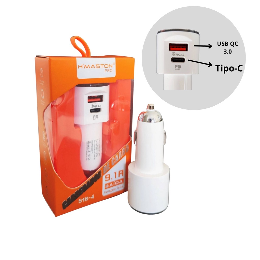 Carregador Tomada Veicular Carro Viagem Turbo 20W 1 Porta Usb e 1 Tipo C