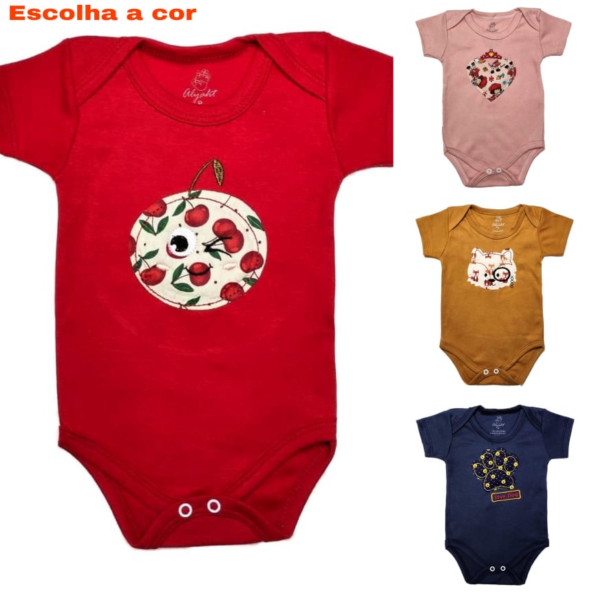 Body Bebê Manga Curta Liso Bordado 3D RN ao G Infantil Menina Menino Unissex Bebe Verão Fresco Suedine 100% Algodão Acessório Criança Bori Bore