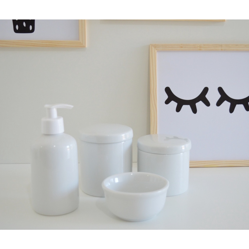 Kit Potes Higiene k018 Decoração Bancada Porcelana Bebe Sabonete Gel Cotonetes Algodão Molhadeira