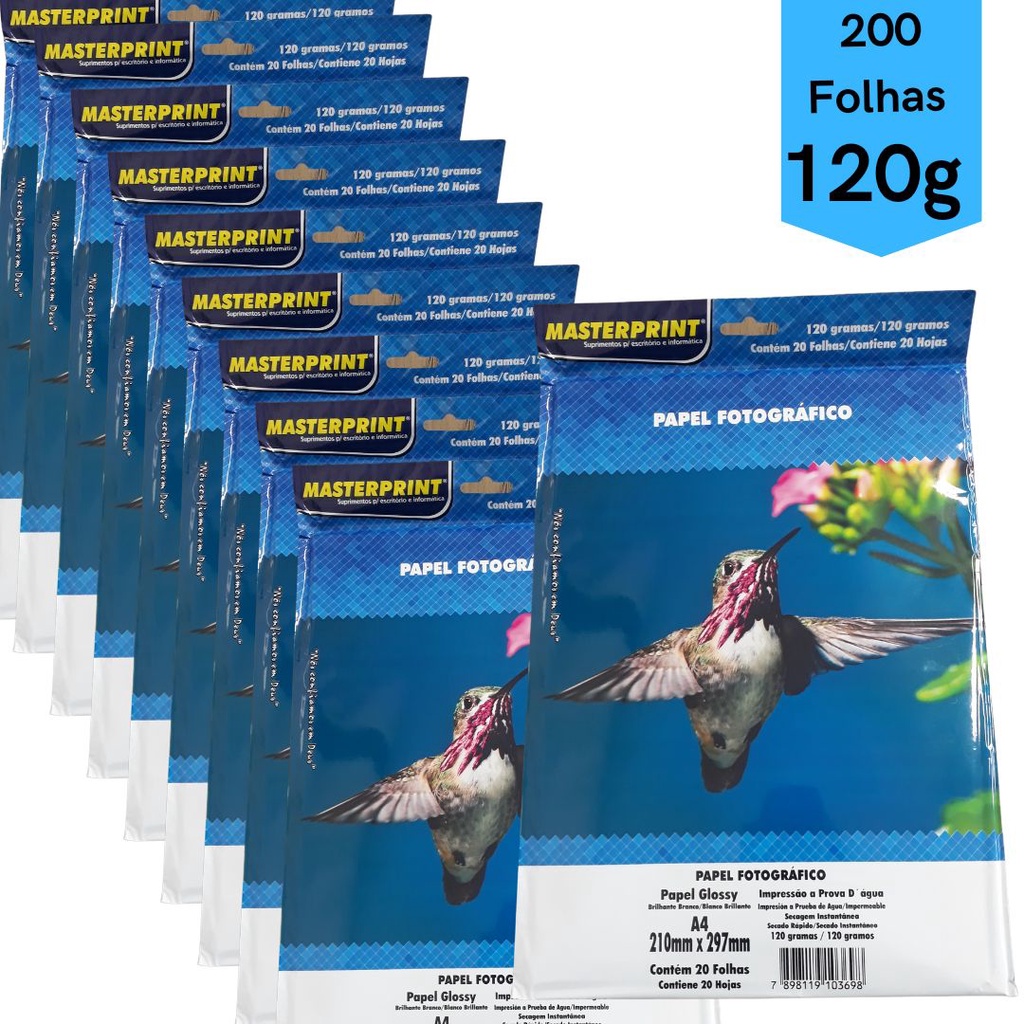 Kit 200 Folhas Papel Fotografico 120g A4 Glossy Masterprint