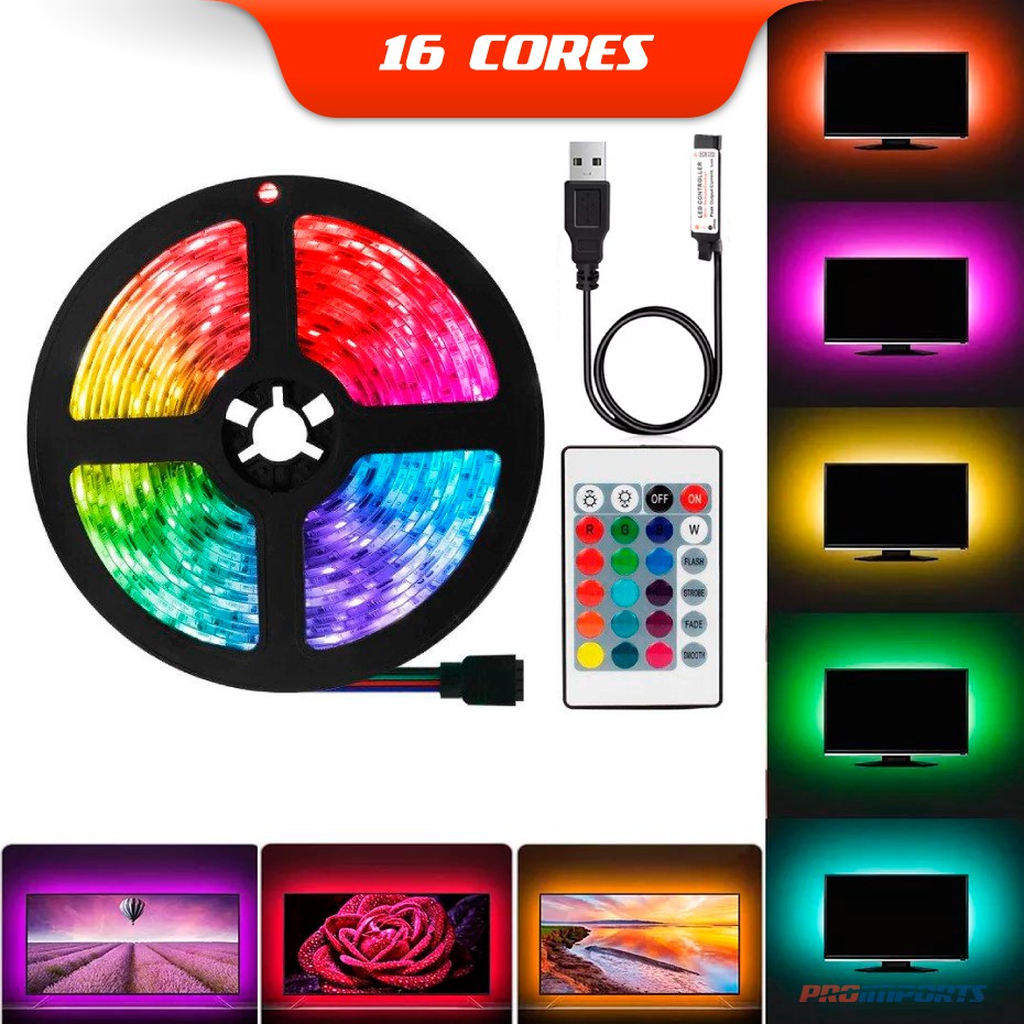 Fita LED RGB USB com Controle Remoto 16 Cores 10M/5M/4M/3M Tensão 5v TV Monitor Iluminação De Fundo Gamer Escritório