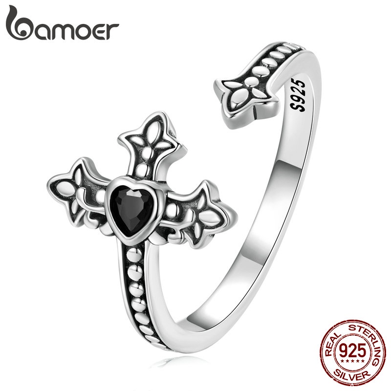Anéis De Abertura Bamoer 925 Prata Retro Estilo Cruz Para Meninas Moda Jóias em Oferta na Shopee