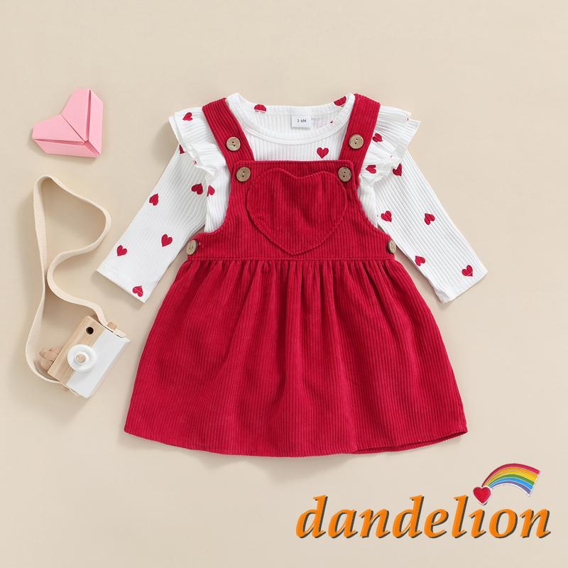 DANDELION-Macacão De Manga Comprida Com Estampa De Coração + Saia Suspensório Para Bebês/M...