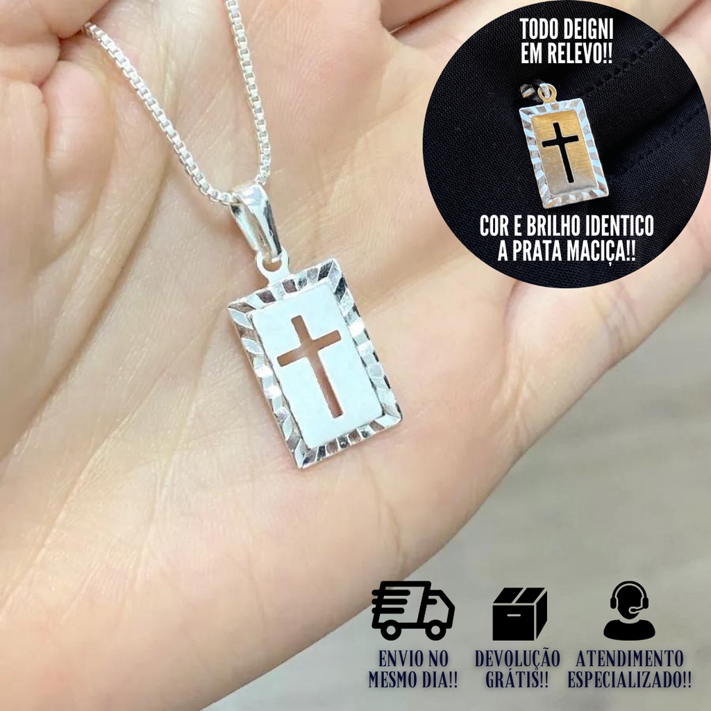 Pingente De Prata Maciça Placa C/ Crucifixo Vazado Banhado a Prata 925 Italiana Medalha Religiosa