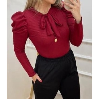 Blusa Feminina Manga Longa Princesa Canelada Gola Laço Moda Blogueira