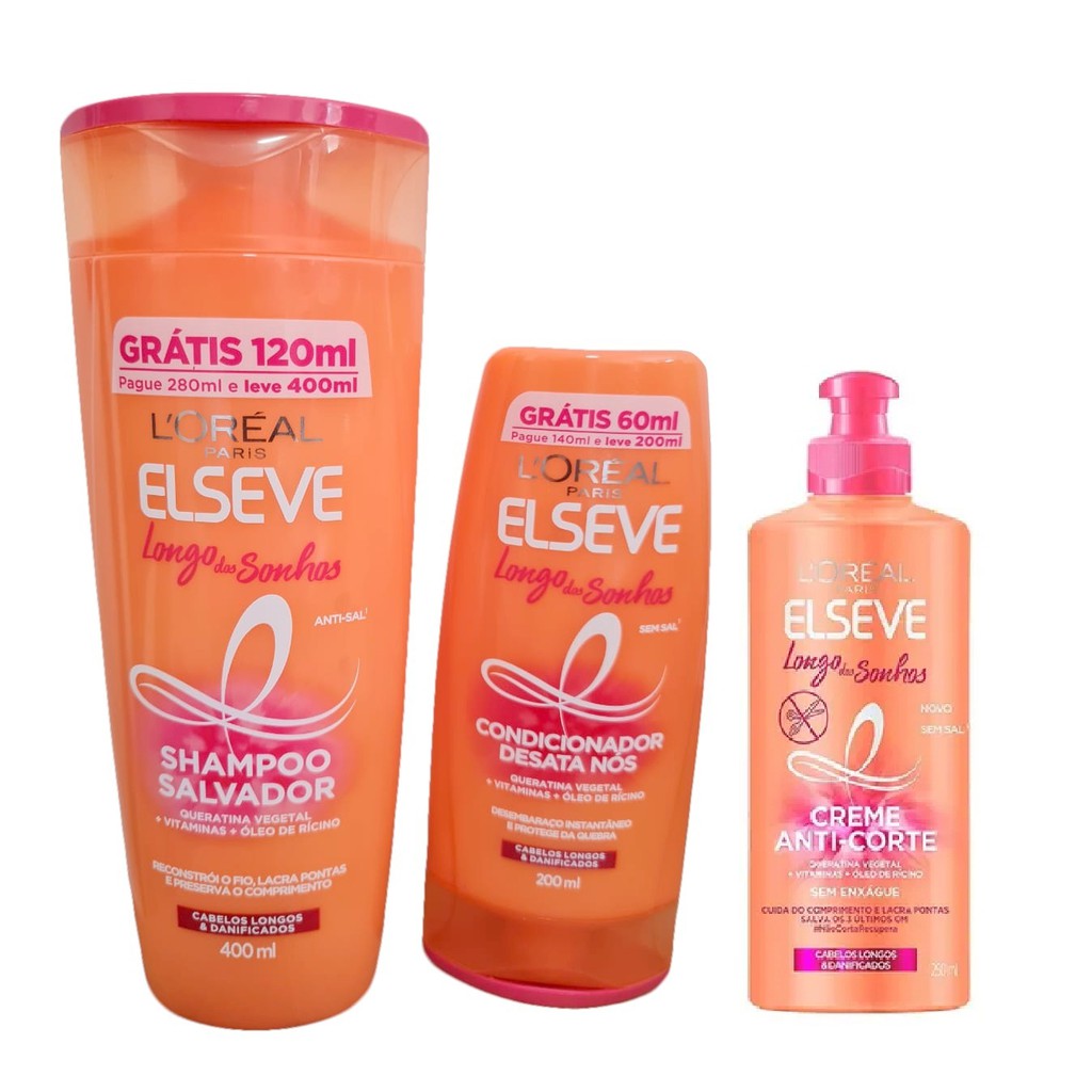 Kit Elseve Longo Dos Sonhos - Shampoo 375ml + Condicionador 170ml + Creme de Pentear 250ml