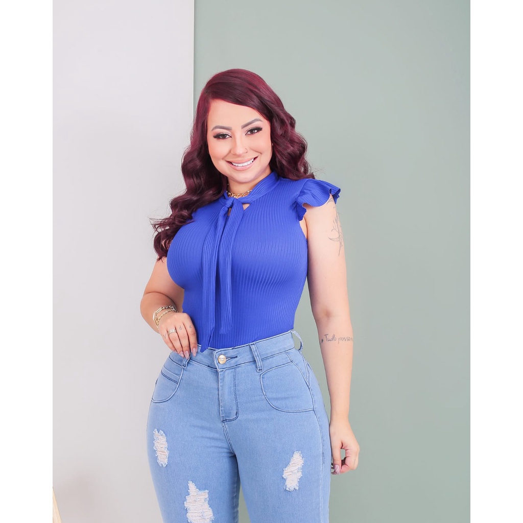 Blusa Feminina Gravata na Malha Canelada Estilosa Top Elegante Manga Babado