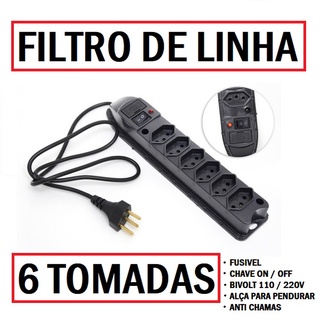 Filtro De Linha 6 Tomada BIVOLT 110/220V ( Fusível, Chave E Led Bivolt ) Ideal Para Proteger Equipamentos Eletrônicos