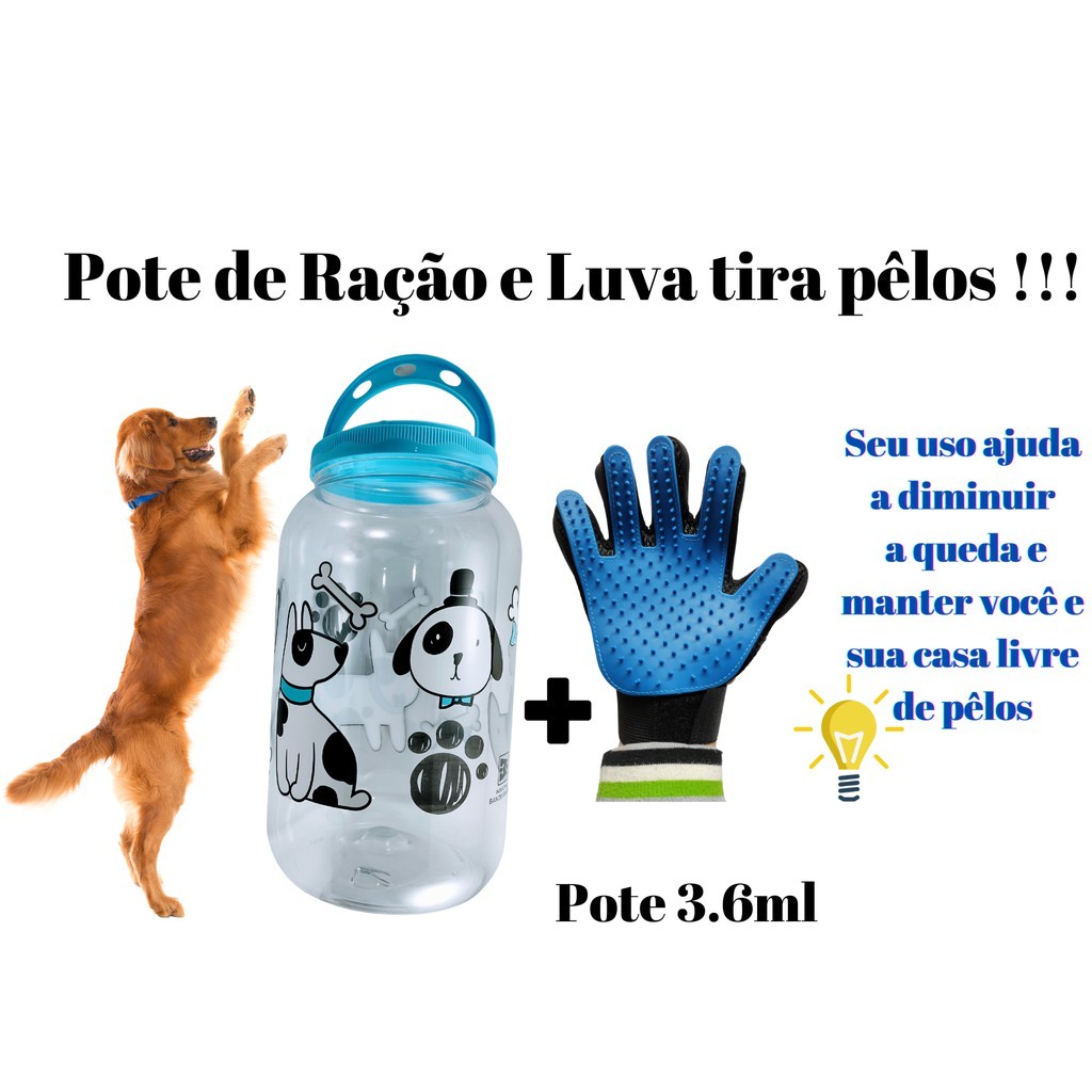 KIT Pote Porta Ração 3.6 + Luva Tira Pêlos, Cachorros  Cães Gato gatos Com Alça - Para Armazenar Ração do seu PET, acessorios essenciais para seu animal, cachorro caes, filhote, filhotes TOP DOG SHOP