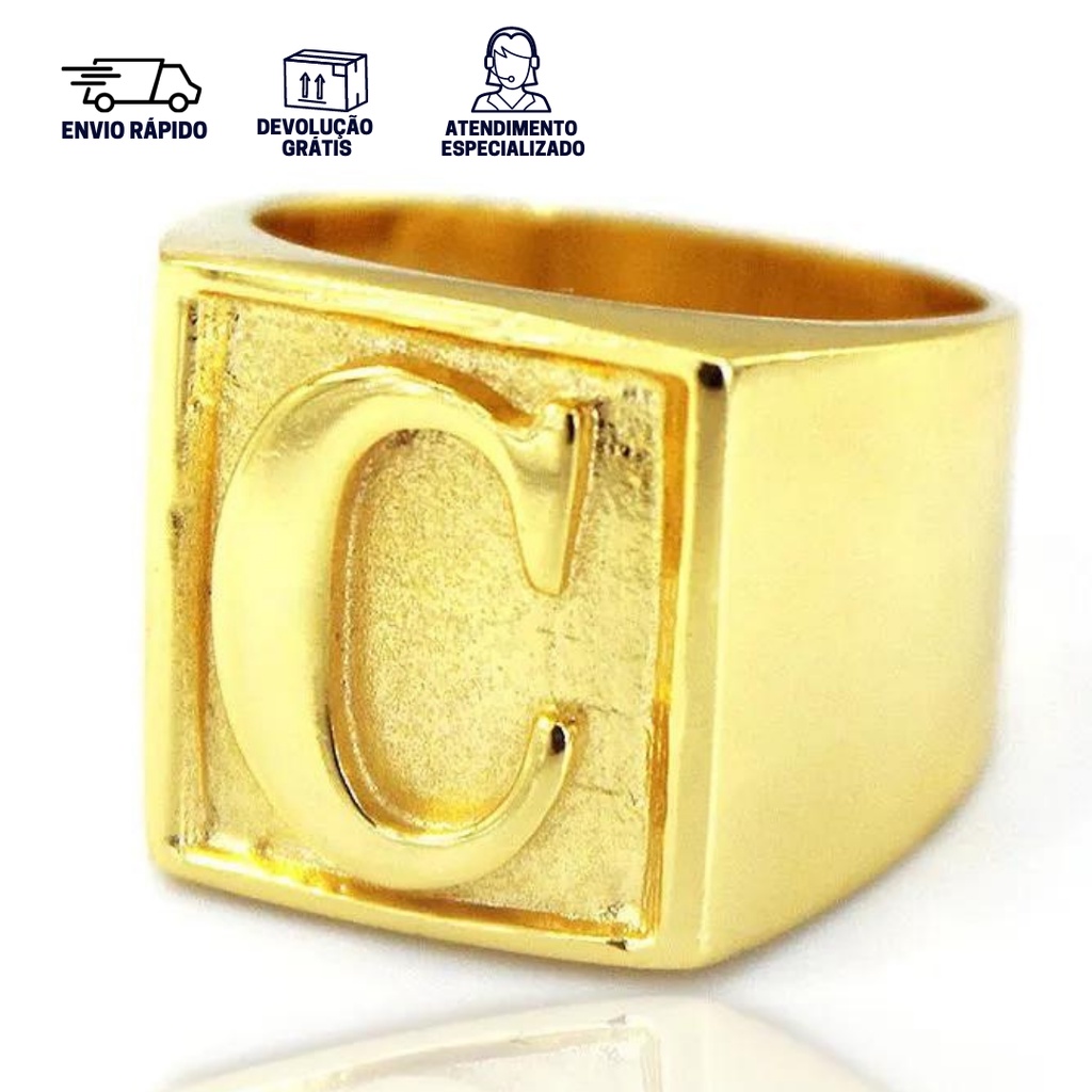 Anel Masculino De Ouro Anel De Letra C Banhado a Ouro 24k Dedeira Letra C