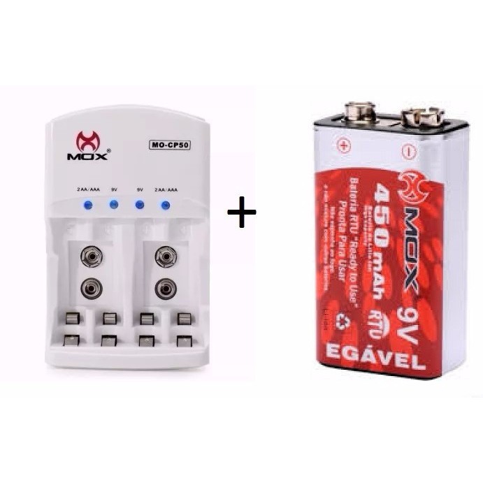 Kit Carregador Mox Cp50 + Bateria 9v Recarregável 450Mah Mox