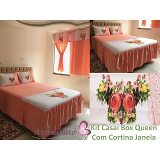 Colcha Casal com Cortina Janela Pintados 2 Porta Travesseiros