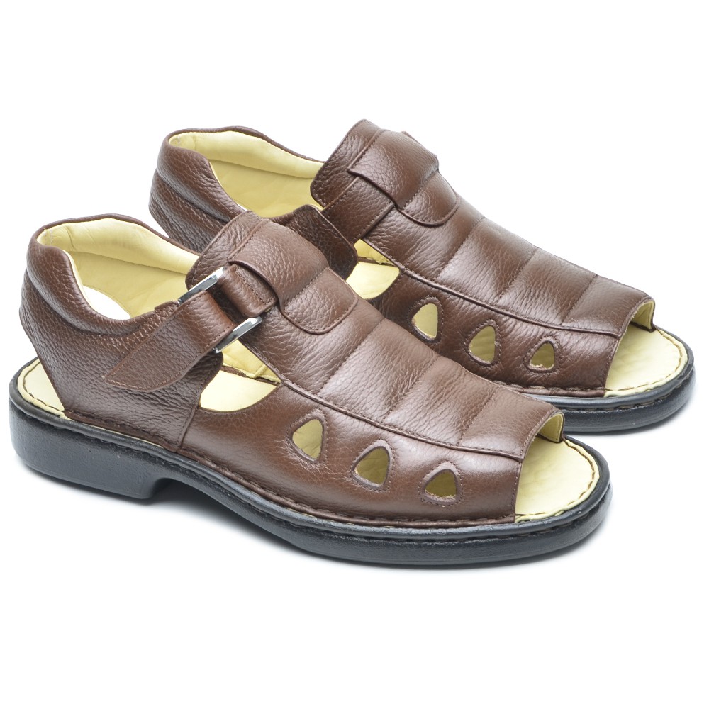 Sandália Masculina Couro Legitimo Nobre Palmilha Gel Franciscana Anti Stress Diabético Ortopédico Super Conforto Oferta Imperdível